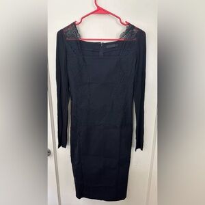 Donna Karan Dress Black Fitted Stretch Lace Trim Long Sleeve Cotton Blend Size 4